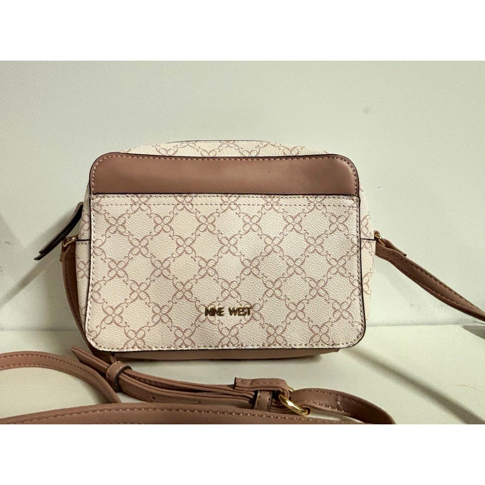Nine West Beige/Brown Logo Small Crossbody Zip Top Adjustable Strap, Pockets